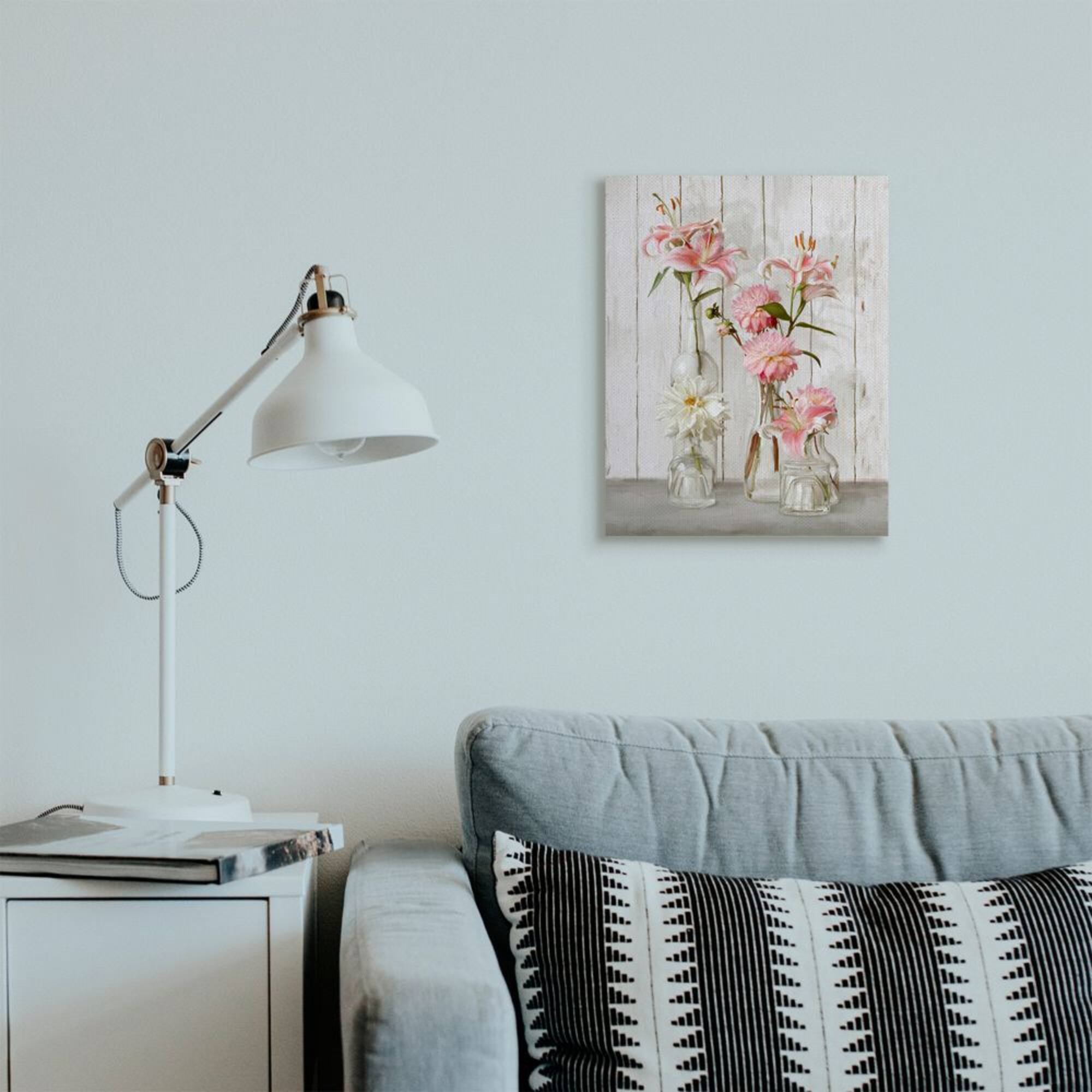 Stupell Industries Spring Pink Florals in Glass Jars Feminine Rustic Flowers Canvas Wall Art